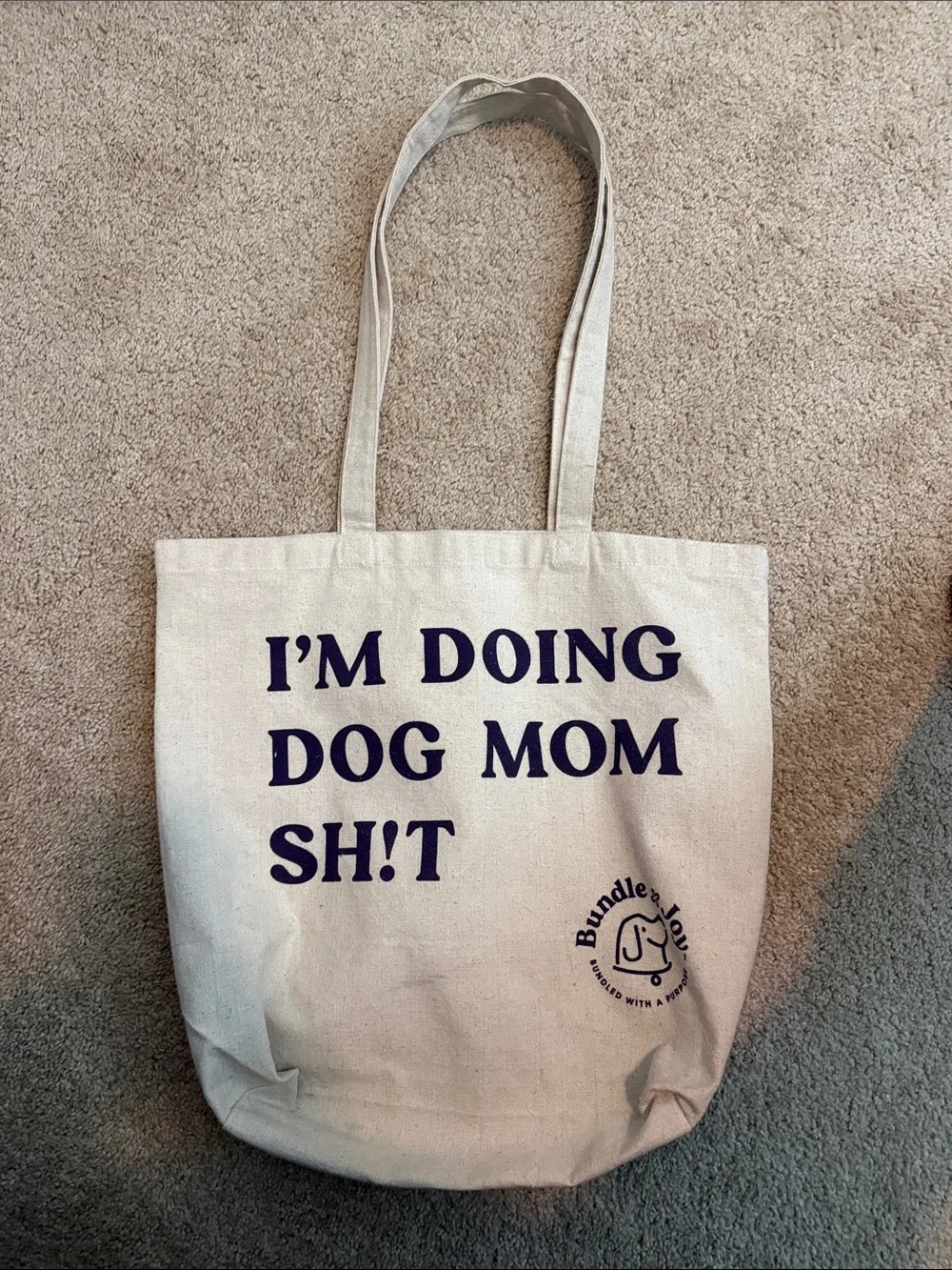 Dog Mom Canvas Tote Bag in Natural with Navy Print